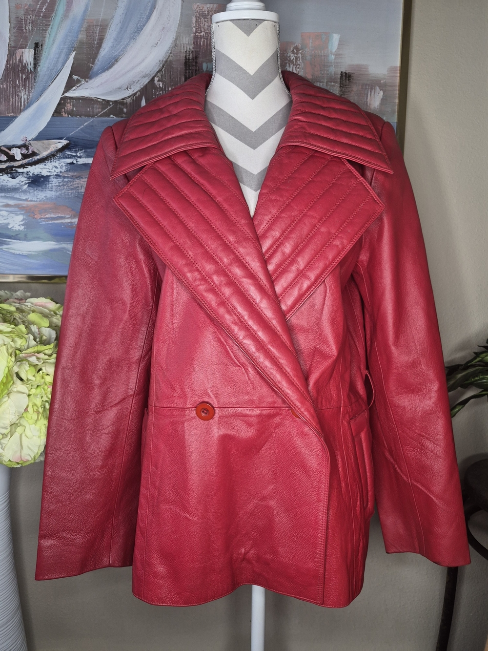 Vintage Spiegel Womens Red Quilted-Collar Leather Jacket